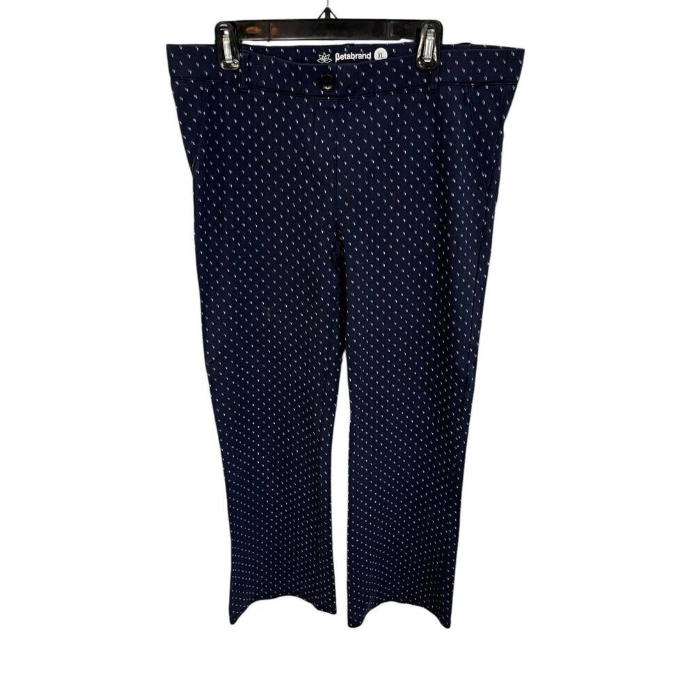 Betabrand Women's XL Navy Dot Straight Leg Mid-Rise Dress Pants Faux Pockets